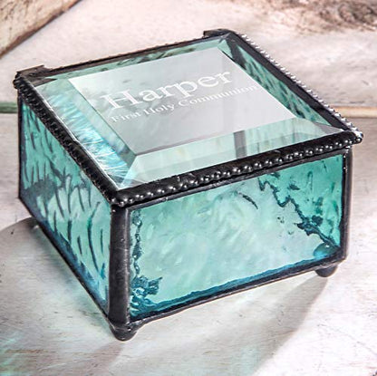 First Communion Gift Personalized Jewelry Box Engraved Keepsake Stained Glass J Devlin Box 898 EB218-2 (Windsor Blue) - color: Windsor Blue