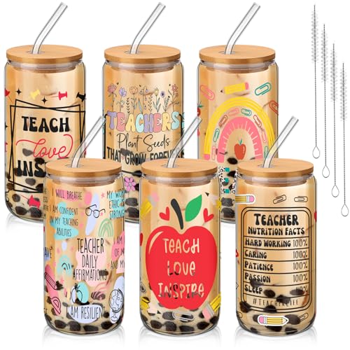 SiliFine 6 Pcs Teacher Pencil Apple Glass Cups, 16 oz with Lids and Straws - style: Inspire