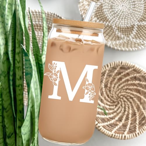 Personalized Tumbler, Monogrammed Can Glass Cups with Bamboo Lids and Straws, Customized Gifts for Women, Cute Design Initial Iced Coffee glasses, Custom Letter Mug, Birthday Bridesmaid, K - style: Monogram K
