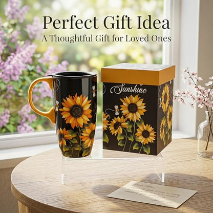 Topadorn 17oz Ceramic Travel Mug with Lid, Sunflower Coffee Mug - color: Black & Yellow