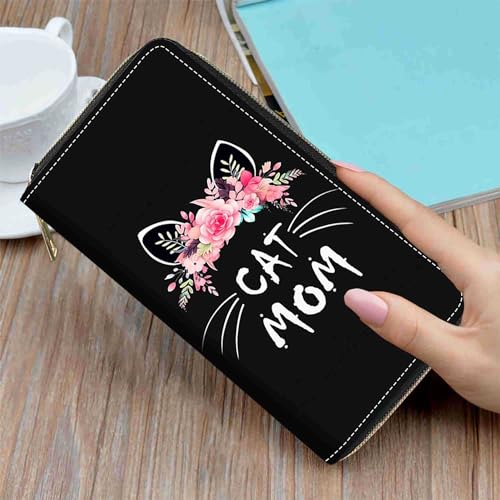 Cat Mom Floral Print Wallet for Women Large Capacity Wallet Credit Card Holder PU Leather Zipper Clutch Purse Phone Wallet - color: Cat Mom Floral