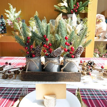 Winlyn Christmas Floral Arrangement Farmhouse Centerpiece Faux Pine Branches Pinecone Red Berry Stems Glitter Leaves Christmas Picks in Galvanized Pots with Wood Box for Holiday Table Décor