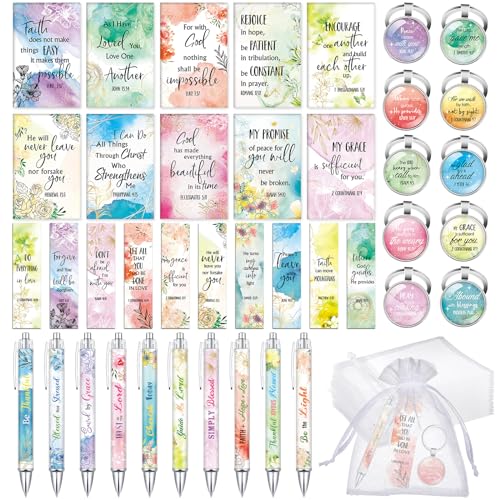 Jetec 150 Bible Verses Gift Set for 30 Christian Bookmarks 30 Scripture Ballpoint Pens 30 Christian Notebooks 30 Bible Verse Keychain 30 White Organza Bags for Women Men Office Church(Fresh) - style: Fresh
