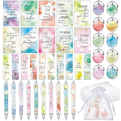 Jetec 150 Bible Verses Gift Set for 30 Christian Bookmarks 30 Scripture Ballpoint Pens 30 Christian Notebooks 30 Bible Verse Keychain 30 White Organza Bags for Women Men Office Church(Fresh) - style: Fresh