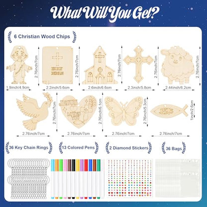 36 Sets Christian Wood Craft Kits Color Your Own Jesus Religious Keychains - color: Christian Color Your Own Keychains