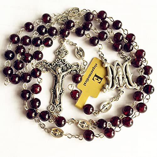 elegantmedical HANDMADE GARNET GEMSTONE BEADS Our Lady Of Virgin Mary Catholic Rosary Necklace Cross Box