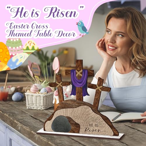 Beeveer Empty Tomb Easter Scene and Cross Decoration He Is Risen Decor Religious Wooden Tabletop Signs Christian Table Centerpiece for Easter Birthday Rustic Farmhouse Home Spring Decor(Retro Style) - style: Retro Style