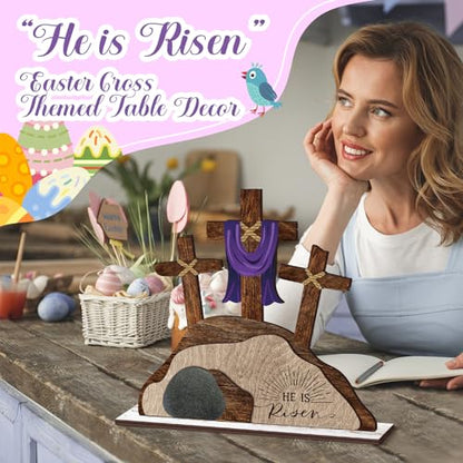 Beeveer Empty Tomb Easter Scene and Cross Decoration He Is Risen Decor Religious Wooden Tabletop Signs Christian Table Centerpiece for Easter Birthday Rustic Farmhouse Home Spring Decor(Retro Style) - style: Retro Style