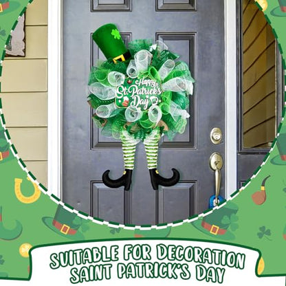 25 Inch St Patrick's Day Wreath for Front Door Green Leprechaun Mesh Wreath with Plush Shamrock Top Hat - color: St Patrick's Day-1