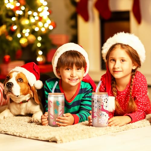 SiliFine 6 Pcs Christmas Glass Cups, 16 oz with Lids and Straws - style: Reindeer
