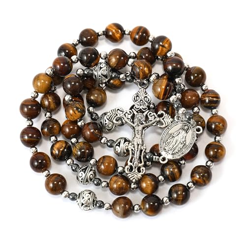 Nazareth Store Genuine Rosary Stone Beads Necklace Metal Beaded Glory Beads Miraculous Medal & Silver Cross Crucifix For Men and Womens - color: Tiger Eye