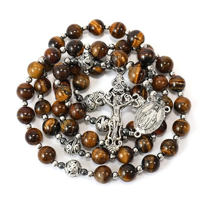 Nazareth Store Genuine Rosary Stone Beads Necklace Metal Beaded Glory Beads Miraculous Medal & Silver Cross Crucifix For Men and Womens - color: Tiger Eye