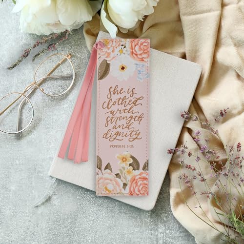 Christian Art Gifts Premium Faux Leather Bookmark: Strength & Dignity - color: Pink Floral/Strength & Dignity