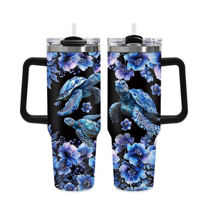 40oz Dark Mystical Sea Turtle Tumbler with Straw, Goth Blue Floral Ocean Gifts for Women Girls, Black Aesthetic Stainless Steel Insulated Travel Coffee Mug with for Teens Sister Cool Bestie Birthday - color: Sea Turtle-D-174