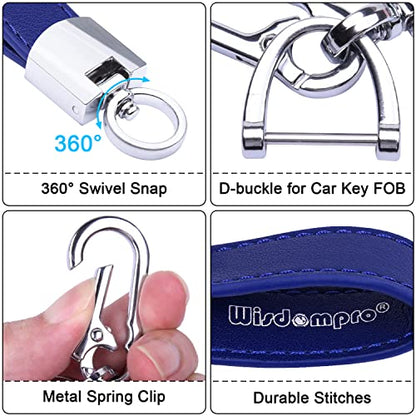 Wisdompro Genuine Leather Car Keychain, Universal Key Fob Keychain - color: Blue (Silver Carabiner Clip)
