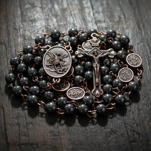 Nazareth Store St Michael Rosary Hematite Stone Beads Necklace Metal Beaded Glory Beads Archangel Medal & Cross with Metal Gift Box - color: Copper | Jesus Cross