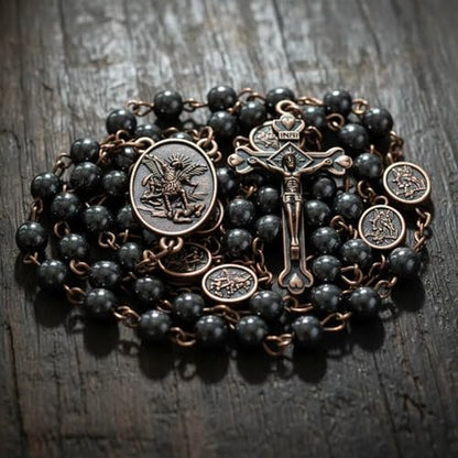 Nazareth Store St Michael Rosary Hematite Stone Beads Necklace Metal Beaded Glory Beads Archangel Medal & Cross with Metal Gift Box - color: Copper | Jesus Cross