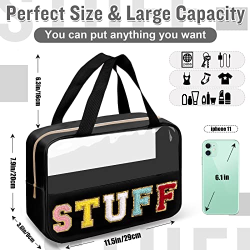 Chenille Letter Clear Makeup Bags Stuff Tote, Preppy Patch Makeup Bag Zipper with Handle, Waterproof PVC & Nylon Portable Glitter Large Cosmetic Travel Toiletry Storage for Women Girls(STUFF-Black) - color: STUFF-Black