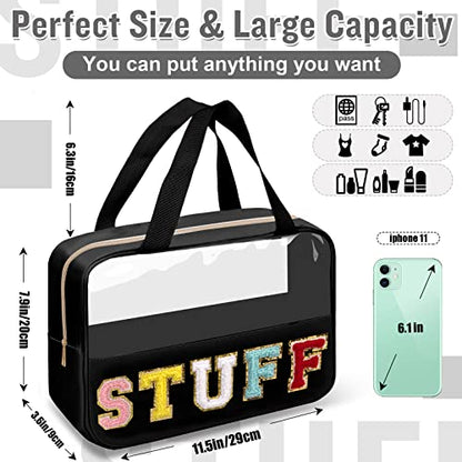 Chenille Letter Clear Makeup Bags Stuff Tote, Preppy Patch Makeup Bag Zipper with Handle, Waterproof PVC & Nylon Portable Glitter Large Cosmetic Travel Toiletry Storage for Women Girls(STUFF-Black) - color: STUFF-Black