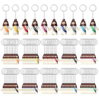 25 Or 50 Or 100 Christian Little Jesus Figures Printed With Jesus Love You Hanging With Keyrings For Baptism - style: 100 Pcs-10 Colors