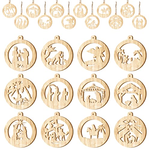 Spiareal 36 Pcs Christmas Nativity Ornaments Wooden Religious, Round - style: Round