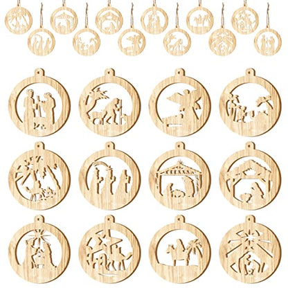 Spiareal 36 Pcs Christmas Nativity Ornaments Wooden Religious, Round - style: Round