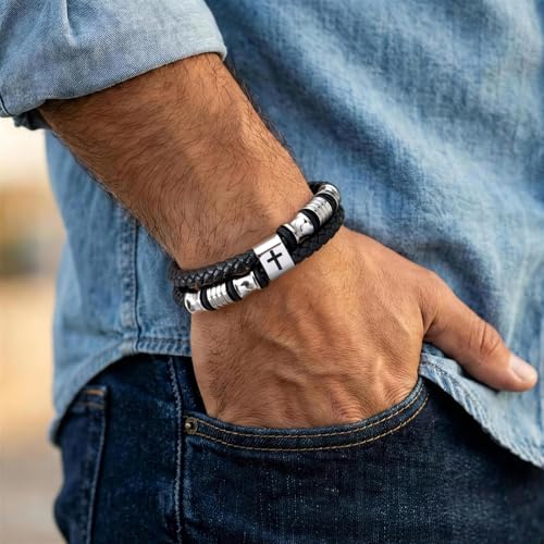 Men's Leather Cross Bracelet - Silver Double Row Braided Leather Cross Bracelet for Men with Inspirational Bible Verse Card, Faith Christian Religious Gift for Husband Son on Baptism Easter Birthday - color: Love you forever