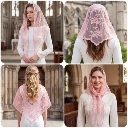 Lystaii Triangle Lace Mantilla Veil Catholic Chapel Head Covering Scarf - color: Pink
