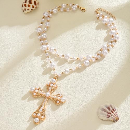 Pearl Cross Necklace Big Cross Pendants Necklaces for Women Chunky Pearl Necklace Gothic Cross Necklace Punk Vintage Cross Jewelry Women - style: Gold 05