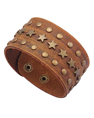GelConnie Leather Cuff Bracelet Punk Braided Bracelets Rock Leather Wristbands Faux Mens Leather Bracelet Gothic Viking Bangle Adjustable Wrap Bracelet for Women,Men - color: Brown Star Leather Bracelet