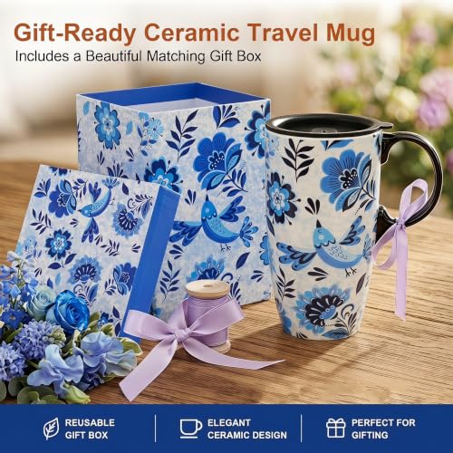 Topadorn 17oz Ceramic Travel Mug with Lid, Blue Bird Floral Mug with Handle - color: Flower&Bird