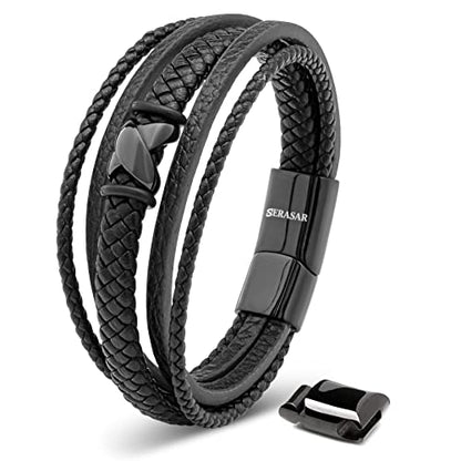 SERASAR Men's Leather Bracelet with Stainless Steel Magnetic Clasp - color: Black, size: 17cm, style: Flake
