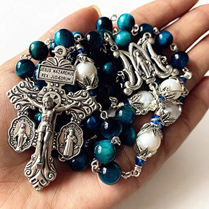 elegantmedical HANDMADE Peacock Blue Tiger Eye Beads Prayer Beads & (AAA) 10mm Pearl Catholic 5 Decade Rosary Cross Necklace Gift Box Italy Parden Crucifix