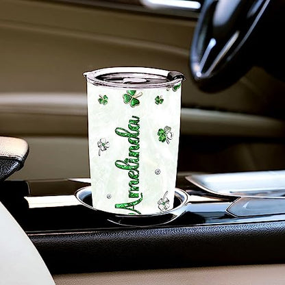 WAZONE Personalized St Patricks Day Tumbler With Lid Custom Name Stainless Steel Insulated Travel Mug Customized Gifts Green Shamrock Triquetra Celtic Knot Cross Ireland For Women Christian - color: Patricks