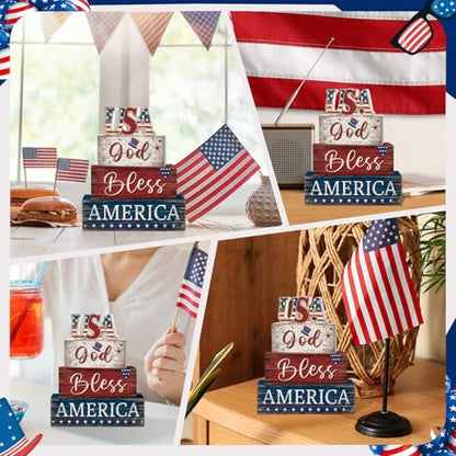 Britimes Tiered Tray Decor Set, 4 Pack, Wooden, Patriotic 4th - style: Independence Day USA