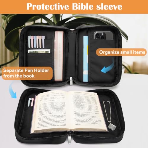 Large Bible Cover Case for Women and Men, 10x7 PU Leather Bible Sleeve, Compact Travel Bible Carrier Bag with Front Pen Holders, Zipper Closure, Inner Pockets - Black - color: Black, size: 10.12''x7''x1.8''