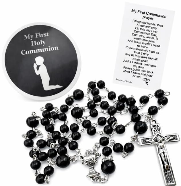 First Communion Rosary Set with Glass Black Beads Metal Crucifix