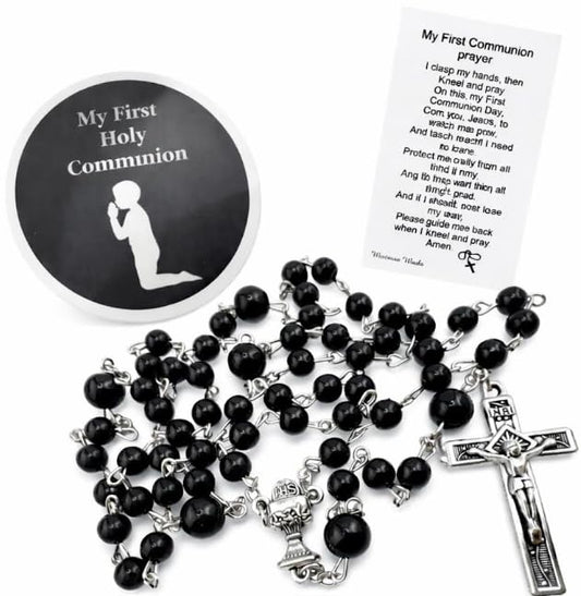 First Communion Rosary Set with Glass Black Beads Metal Crucifix