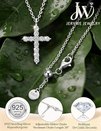 JeryWe 925 Sterling Silver Cross Necklace for Women Dainty Gold/White Gold Plated Necklace for Women Non Tarnish Cubic Zircon Cross Pendant Necklaces Christian Baptism Religious Faith Jewelry Gift - color: White Gold Plated