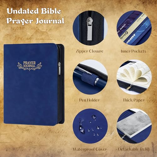 Ospelelf Prayer Journal Tracker Leather Christian Bible Zippered Notebook Daily Devotional Scripture Study Planner Gifts for Jesus Faith Believers Women Men Undated 3 Months Dark Bue - color: dark blue