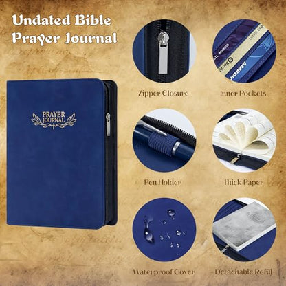 Ospelelf Prayer Journal Tracker Leather Christian Bible Zippered Notebook Daily Devotional Scripture Study Planner Gifts for Jesus Faith Believers Women Men Undated 3 Months Dark Bue - color: dark blue