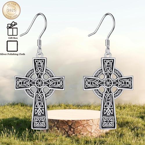 Celtic Cross Earrings Sterling Silver Cross Dangle Drop Earrings - color: Celtic