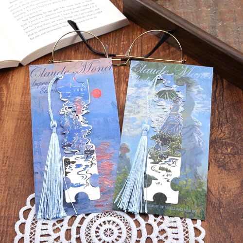 2 Metal Bookmarks with Tassel, Oil Painting Woman with a Parasol and Impression Sunrise - style: 《Woman with a Parasol》 and 《Impression Sunrise》