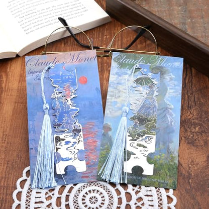 2 Metal Bookmarks with Tassel, Oil Painting Woman with a Parasol and Impression Sunrise - style: 《Woman with a Parasol》 and 《Impression Sunrise》