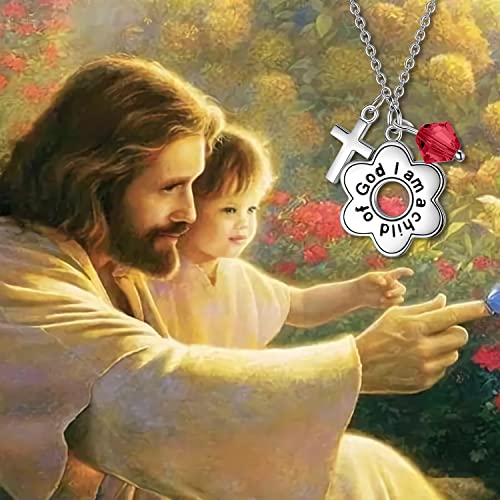 AOBOCO 925 Sterling Silver I Am a Child of God Daisy Necklace Jewelry Birthday Birthday Baptism Communion Gifts for Girls - color: Simulated Ruby