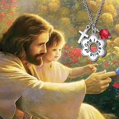 AOBOCO 925 Sterling Silver I Am a Child of God Daisy Necklace Jewelry Birthday Birthday Baptism Communion Gifts for Girls - color: Simulated Ruby