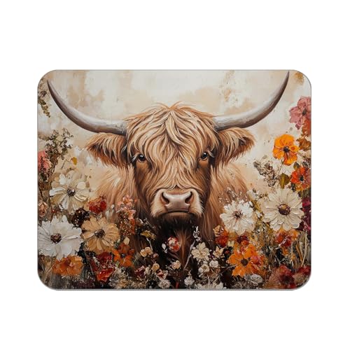 Wildflower Highland Cow Mouse Pad for Desk, Highland Cows Gifts for Women, Floral Cow Mousepads for Wireless Mouse Computers Laptop Home Office Supplies Accessories, 9.5x7.9 Inch - color: cow