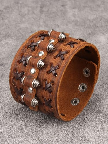 GelConnie Punk Leather Cuff Bracelet Adjustable Straps Wrap Bracelets Arm Armor Cuff Gothic Leather Wristbands for Men, Women - color: MLPB103-Brown