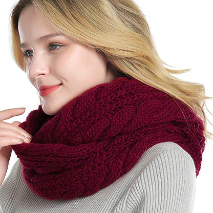 Winter Women Thick Cable Knit Ribbed Infinity Circle Loop Scarf - color: 06- Burgundy