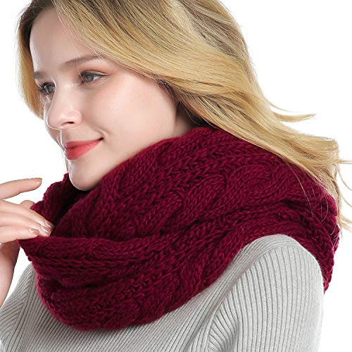 Winter Women Thick Cable Knit Ribbed Infinity Circle Loop Scarf - color: 06- Burgundy